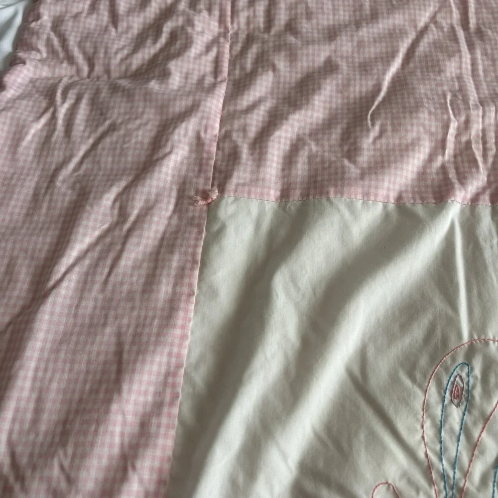 Vtg Hand-Embroidered Blanket Butterfly Quilt‎ Pink Blue White Gingham Tied Solid